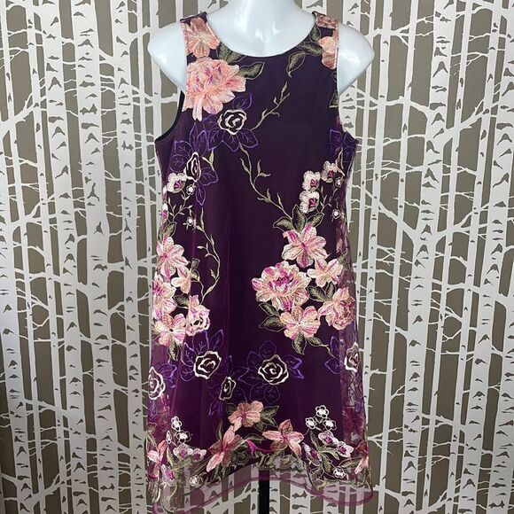 Embroidered Floral Tulle Overlay Babydoll Mini Dress Plum Purple sz M - Picture 1 of 16